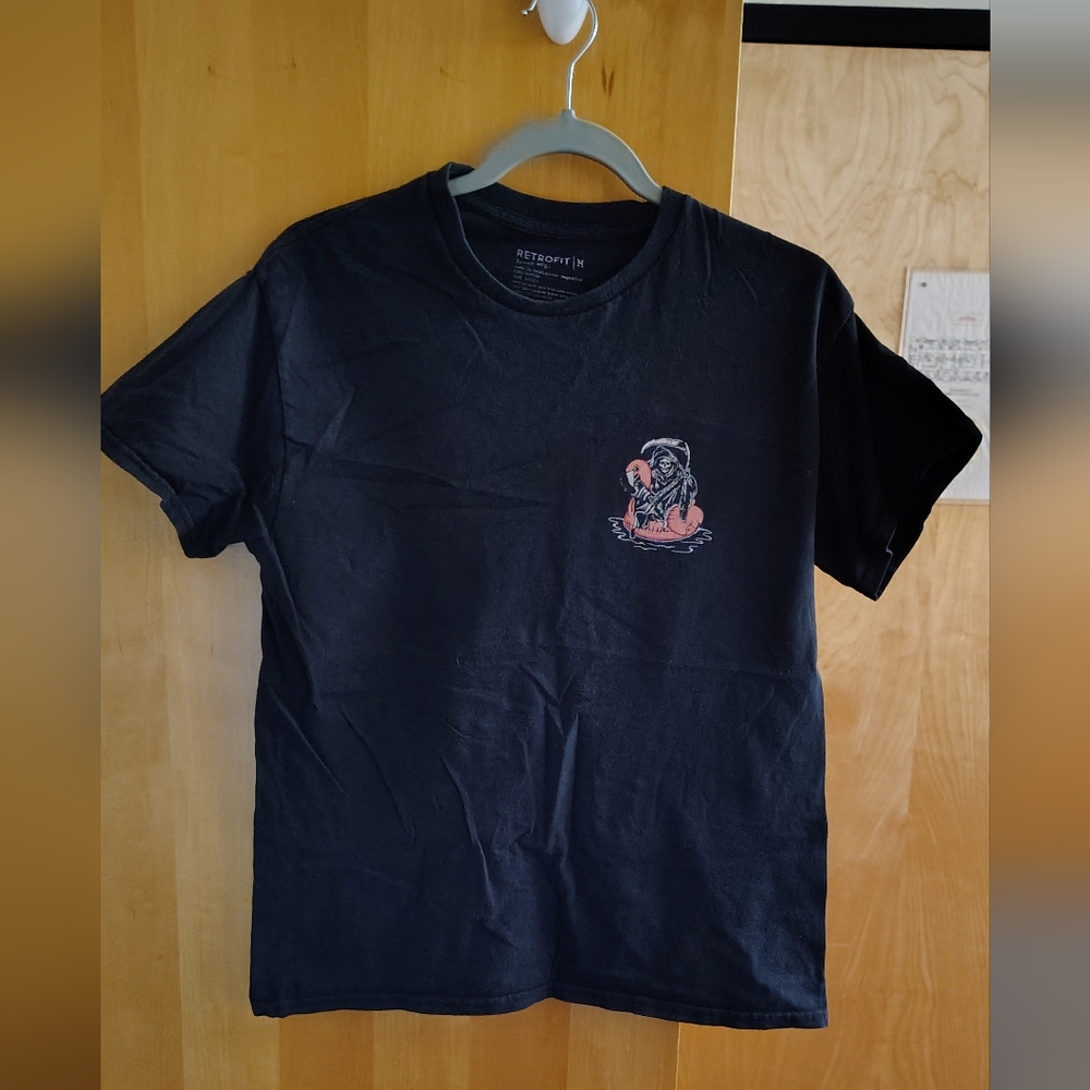Men's Retrofit Black Cotton Tee Shirt With Grim Reaper Flamingo Floatie